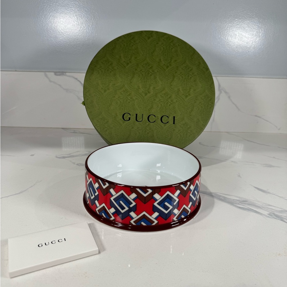 Authentic Gucci Red Geometric Pattern Pet Bowl